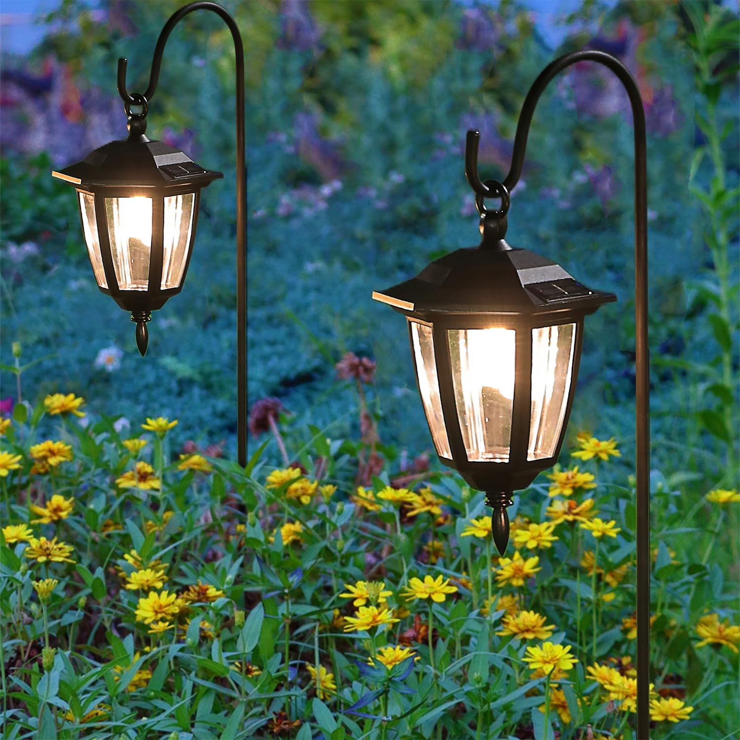 4 Pack Solar Hanging Lanterns with 38" Shepherd Hooks, Waterproof Warm White Outdoor Garden Lights