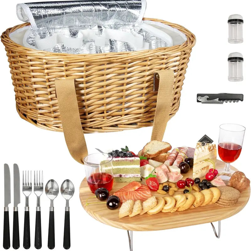 Wicker Picnic Basket with Insulated Cooler, Wine Table and Cutlery Set