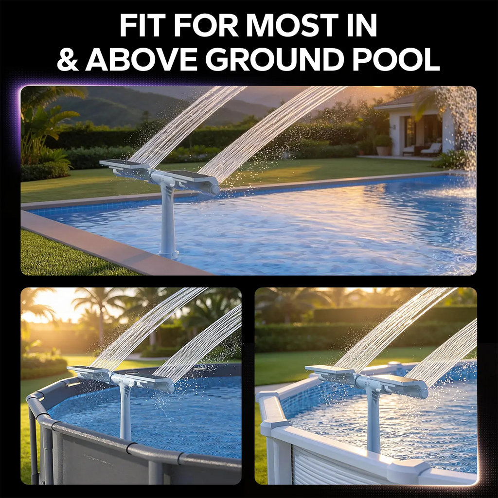 Solar Powered Pool Fountain with Remote & Dual Spray Heads, Auto Light Sensing Fountain for Inground Above Ground Pools