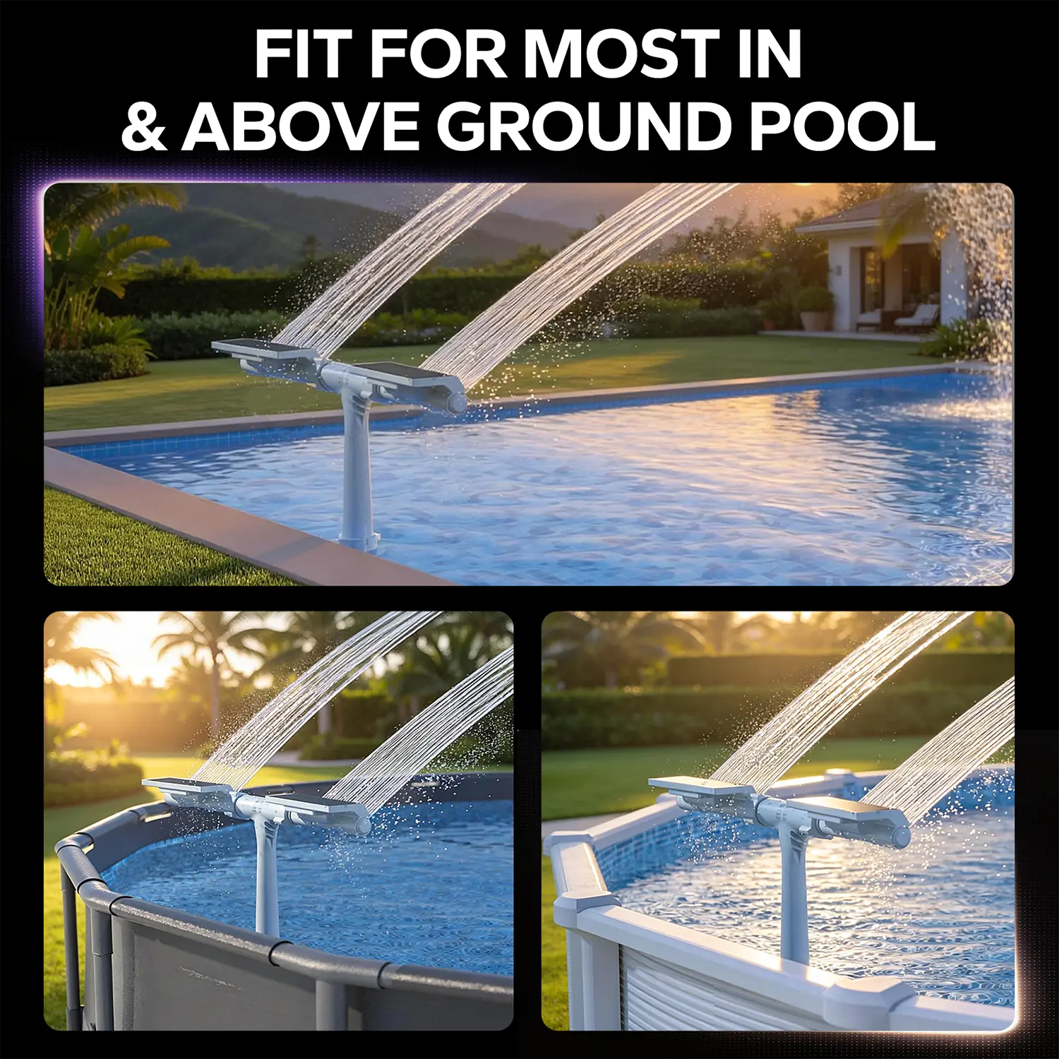 Solar Powered Pool Fountain with Remote & Dual Spray Heads, Auto Light Sensing Fountain for Inground Above Ground Pools