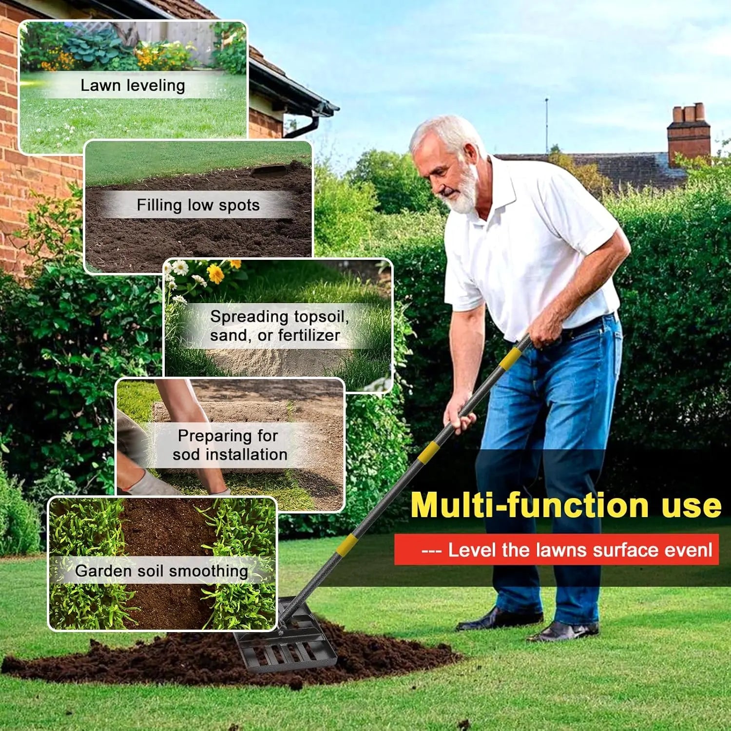 Stainless Steel Lawn Level Rake, Heavy Duty Adjustable Landscaping Leveler for Backyard Top Dressing