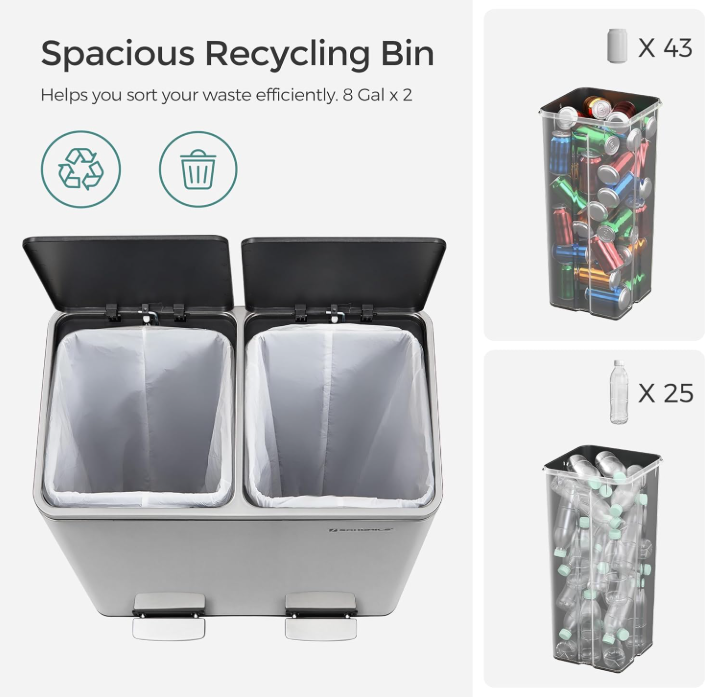 2x8 Gal (2x30L) Double Compartment Stainless Steel Recycling Trash Can with Soft Close Lids