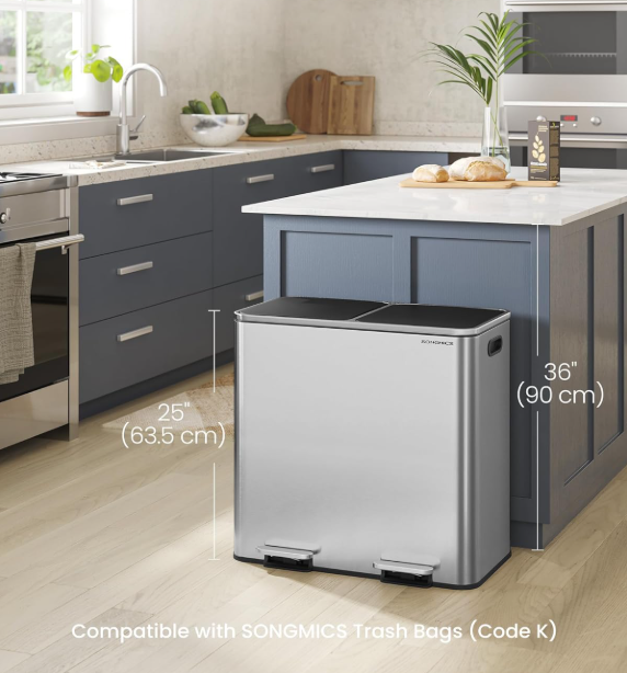 2x8 Gal (2x30L) Double Compartment Stainless Steel Recycling Trash Can with Soft Close Lids