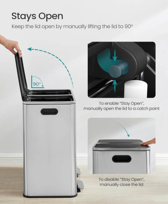 Multi-Compartment Stainless Steel Trash Can with Removable Inner Buckets & Soft Close Lid