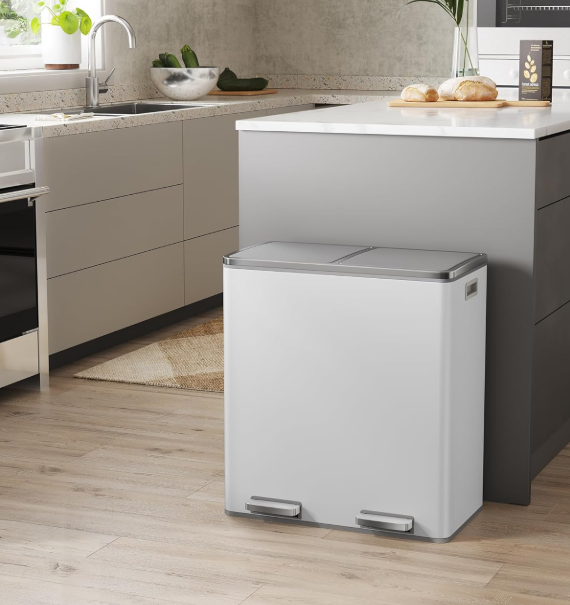 Multi-Compartment Stainless Steel Trash Can with Removable Inner Buckets & Soft Close Lid