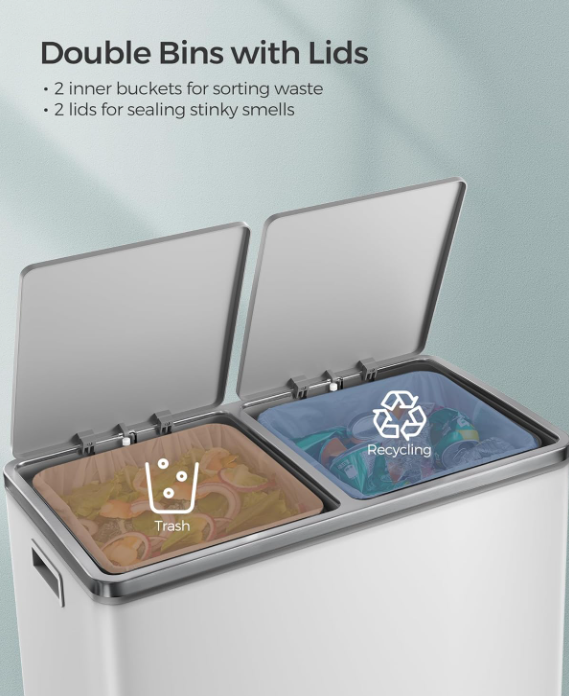 2x8 Gal (2x30L) Double Compartment Stainless Steel Recycling Trash Can with Soft Close Lids
