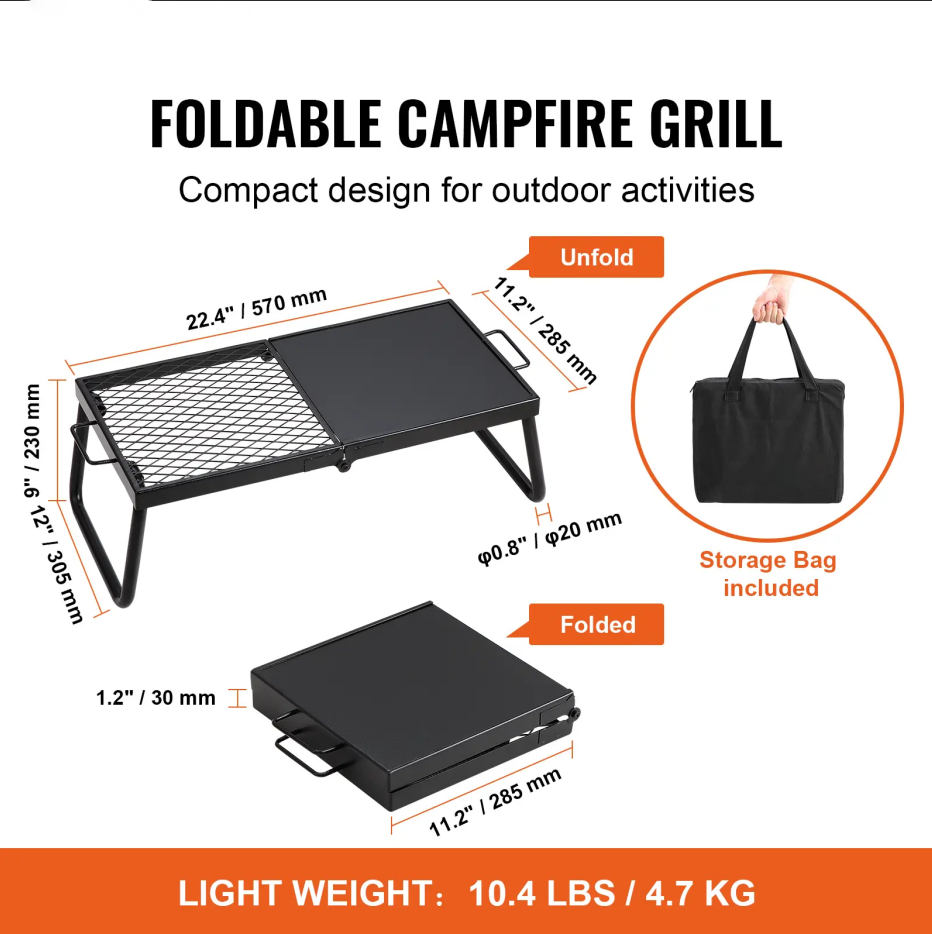 Portable Over Fire Pit Grill Rack with Folding Legs & Storage Bag