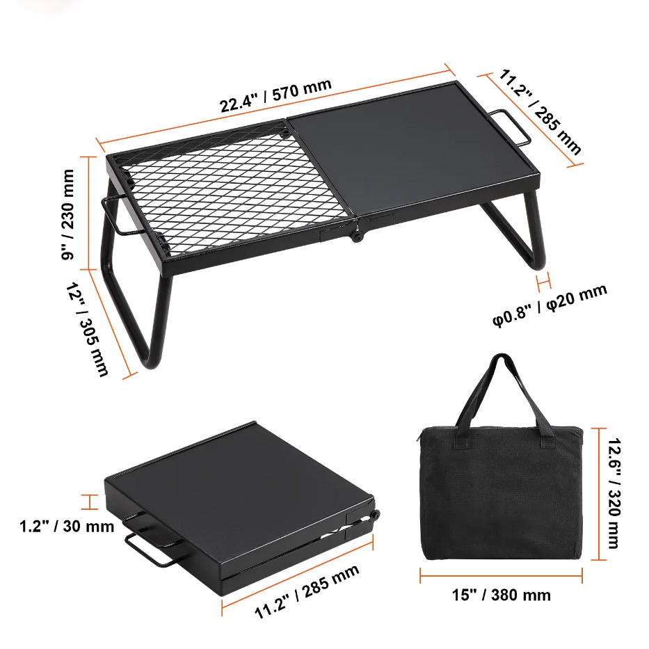 Portable Over Fire Pit Grill Rack with Folding Legs & Storage Bag