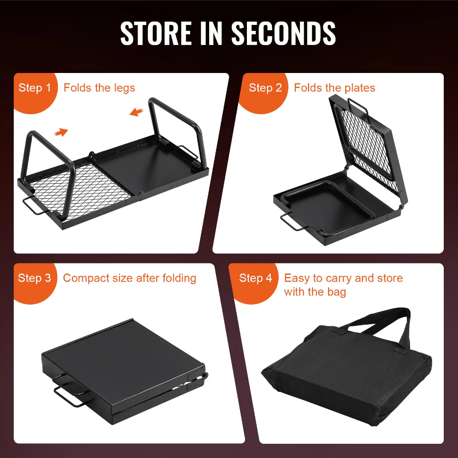 Portable Over Fire Pit Grill Rack with Folding Legs & Storage Bag