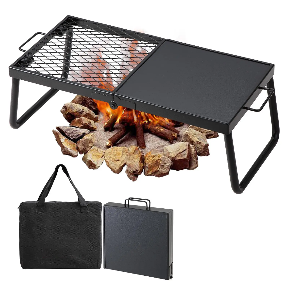 Portable Over Fire Pit Grill Rack with Folding Legs & Storage Bag