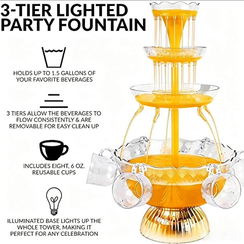 Light Up Glowing Beverage Fountain with 5 Cups, Party Drink Server for Wedding Birthday Buffet & Catering Events