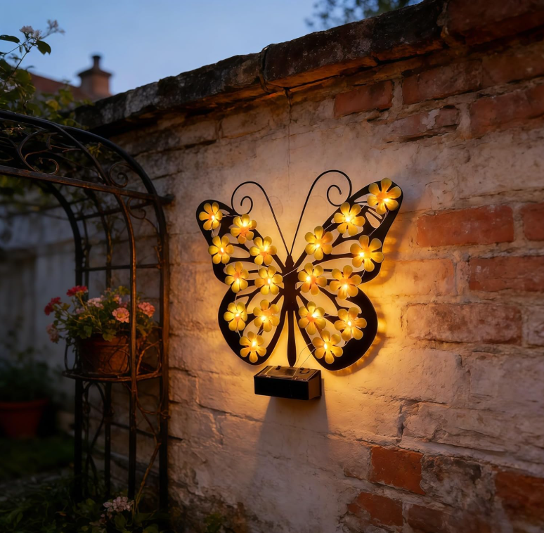 Yellow Metal Butterfly Solar Wall Decor Lights, LED Outdoor Hanging Art for Garden