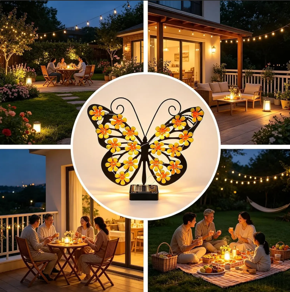 Yellow Metal Butterfly Solar Wall Decor Lights, LED Outdoor Hanging Art for Garden