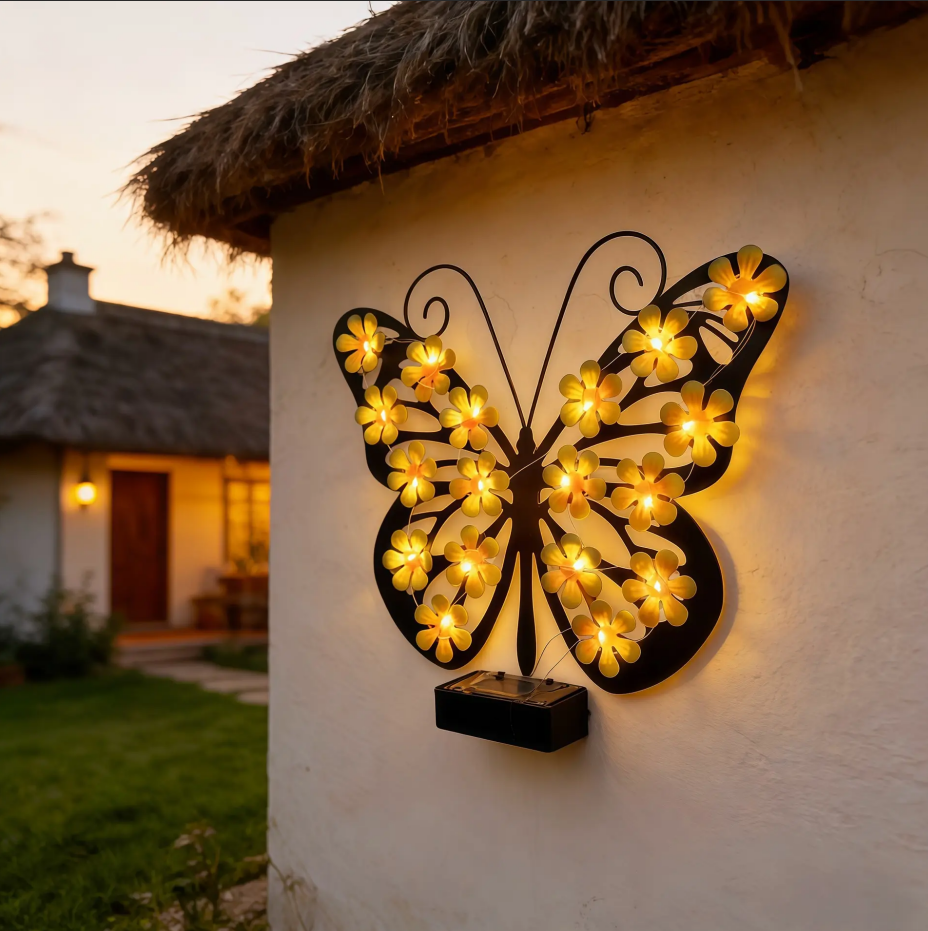 Yellow Metal Butterfly Solar Wall Decor Lights, LED Outdoor Hanging Art for Garden