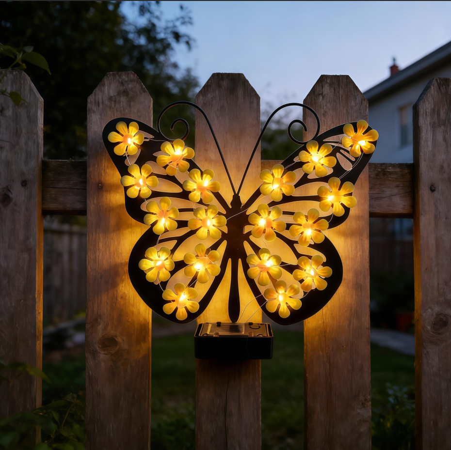 Yellow Metal Butterfly Solar Wall Decor Lights, LED Outdoor Hanging Art for Garden