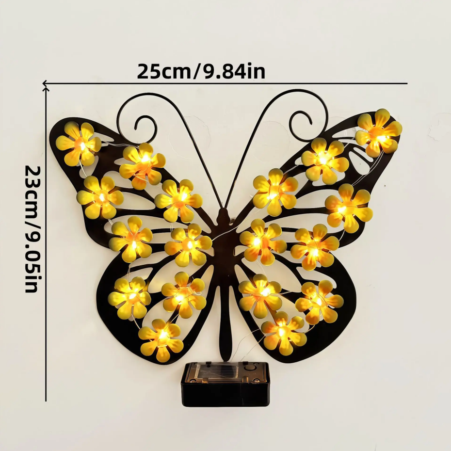 Yellow Metal Butterfly Solar Wall Decor Lights, LED Outdoor Hanging Art for Garden
