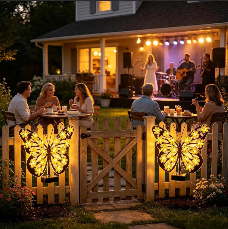 Yellow Metal Butterfly Solar Wall Decor Lights, LED Outdoor Hanging Art for Garden