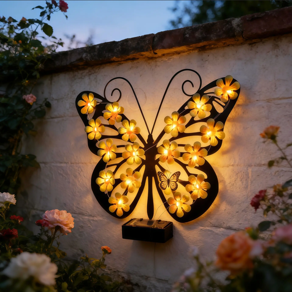 Yellow Metal Butterfly Solar Wall Decor Lights, LED Outdoor Hanging Art for Garden
