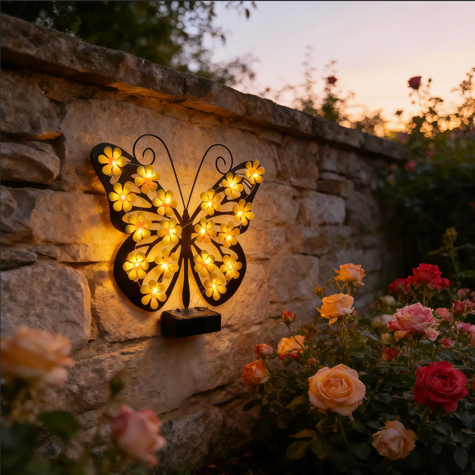 Yellow Metal Butterfly Solar Wall Decor Lights, LED Outdoor Hanging Art for Garden