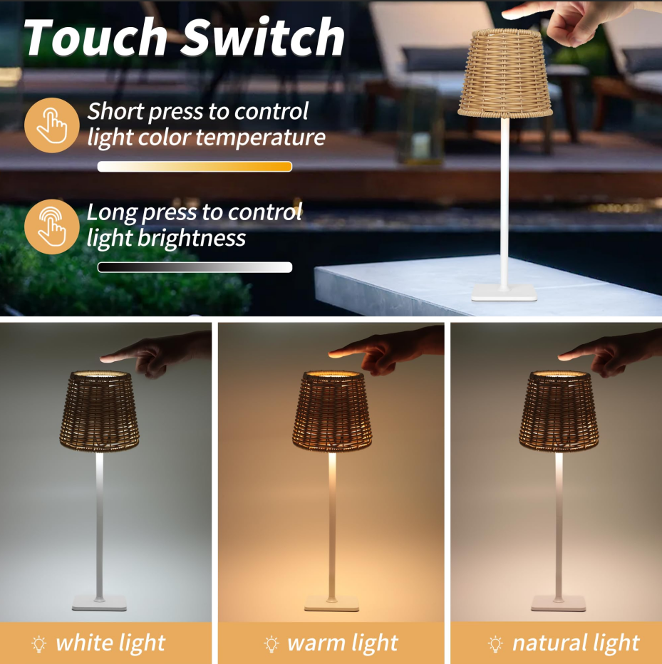 Waterproof Cordless Touch LED Table Lamps, 2 Pack Rechargeable Battery Lights for Patio & Restaurant Dinner