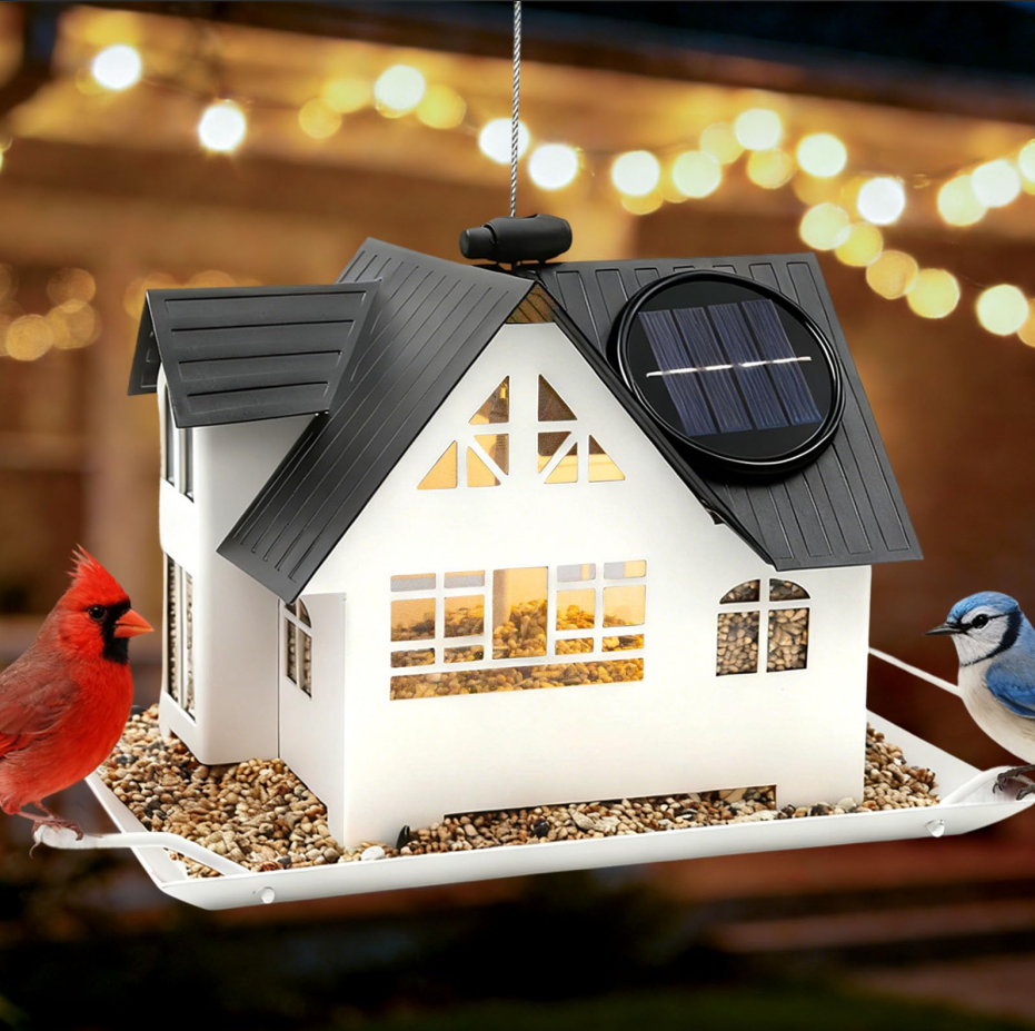 Hanging Metal Solar Bird Feeder with Lights, Heavy-Duty Wild Bird Feeder for Garden