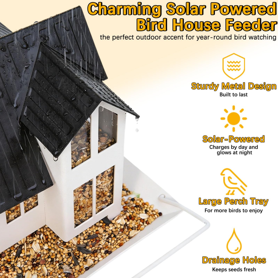 Hanging Metal Solar Bird Feeder with Lights, Heavy-Duty Wild Bird Feeder for Garden
