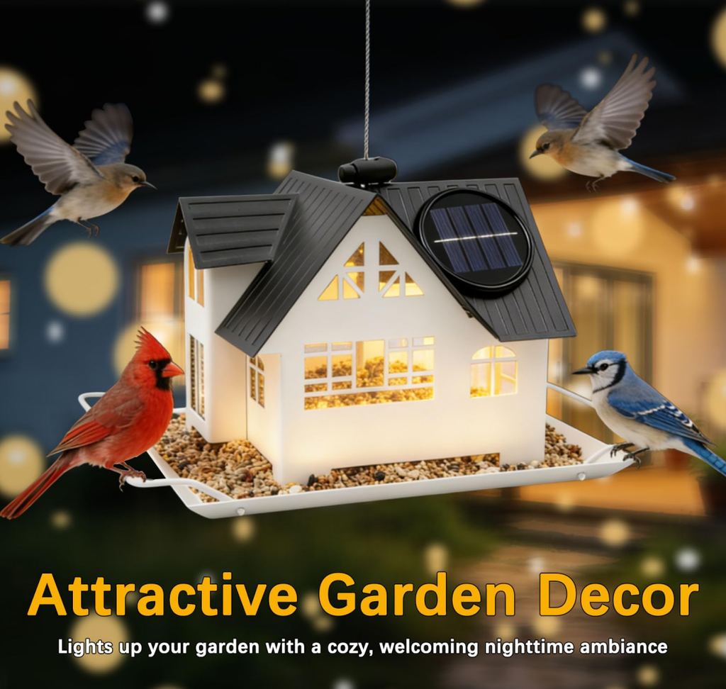 Hanging Metal Solar Bird Feeder with Lights, Heavy-Duty Wild Bird Feeder for Garden