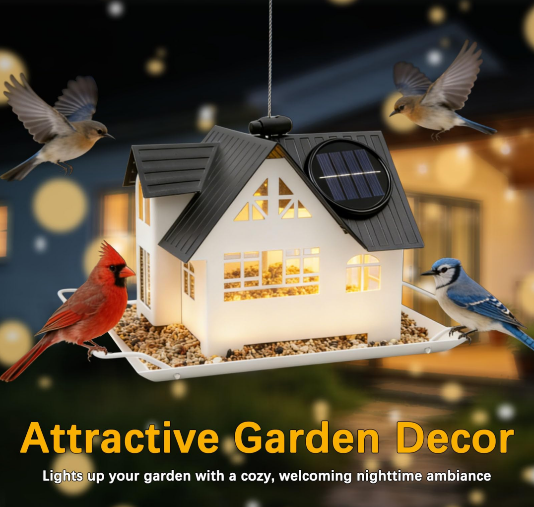 Hanging Metal Solar Bird Feeder with Lights, Heavy-Duty Wild Bird Feeder for Garden