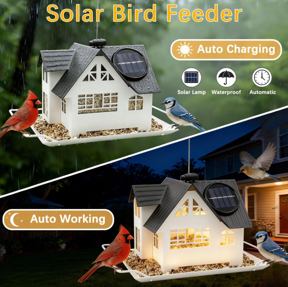 Hanging Metal Solar Bird Feeder with Lights, Heavy-Duty Wild Bird Feeder for Garden