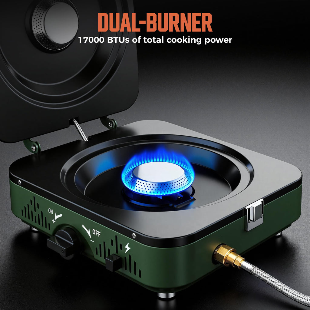 Portable 2-Burner Folding Propane Camping Stove Kit with Frying Pan & Storage Bag