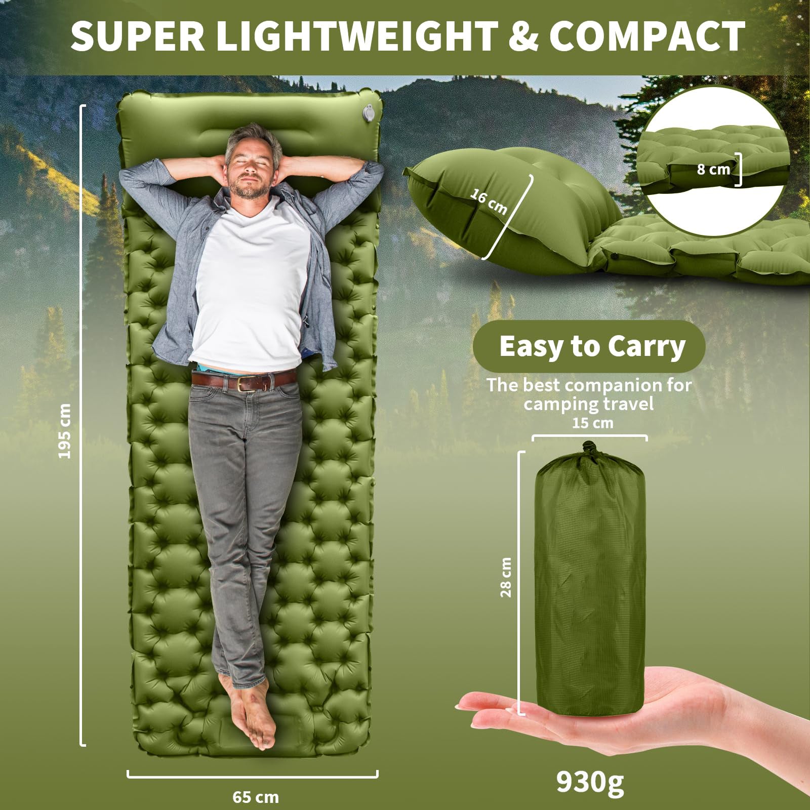Compact Ultralight Camping Air Mattress, Inflatable Sleeping Mat with Foot Pump & Pillow for Outdoor Hiking Backpacking
