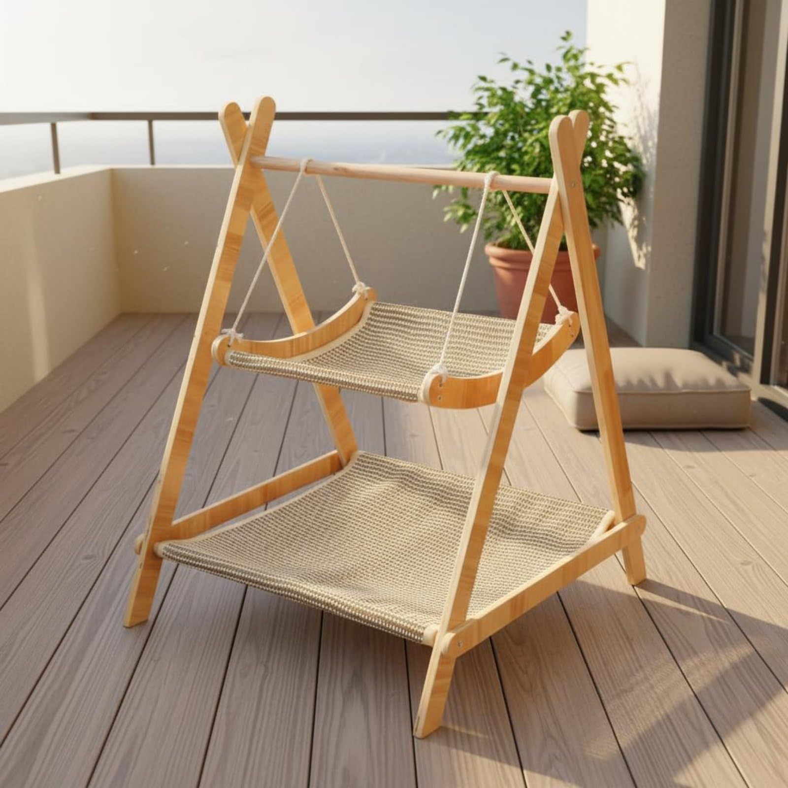 2 Tier Double Layer Cat Hammock with Sturdy Wood Frame, Washable Linen Pet Bed