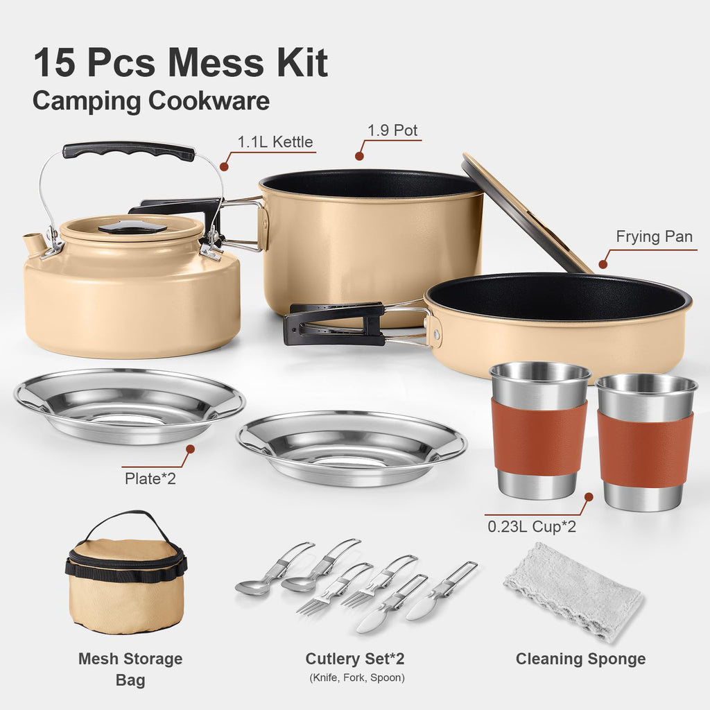 15 Piece Non-Stick Camping Cookware Set, Lightweight Outdoor Mess Kit with Full Stainless Steel Tableware