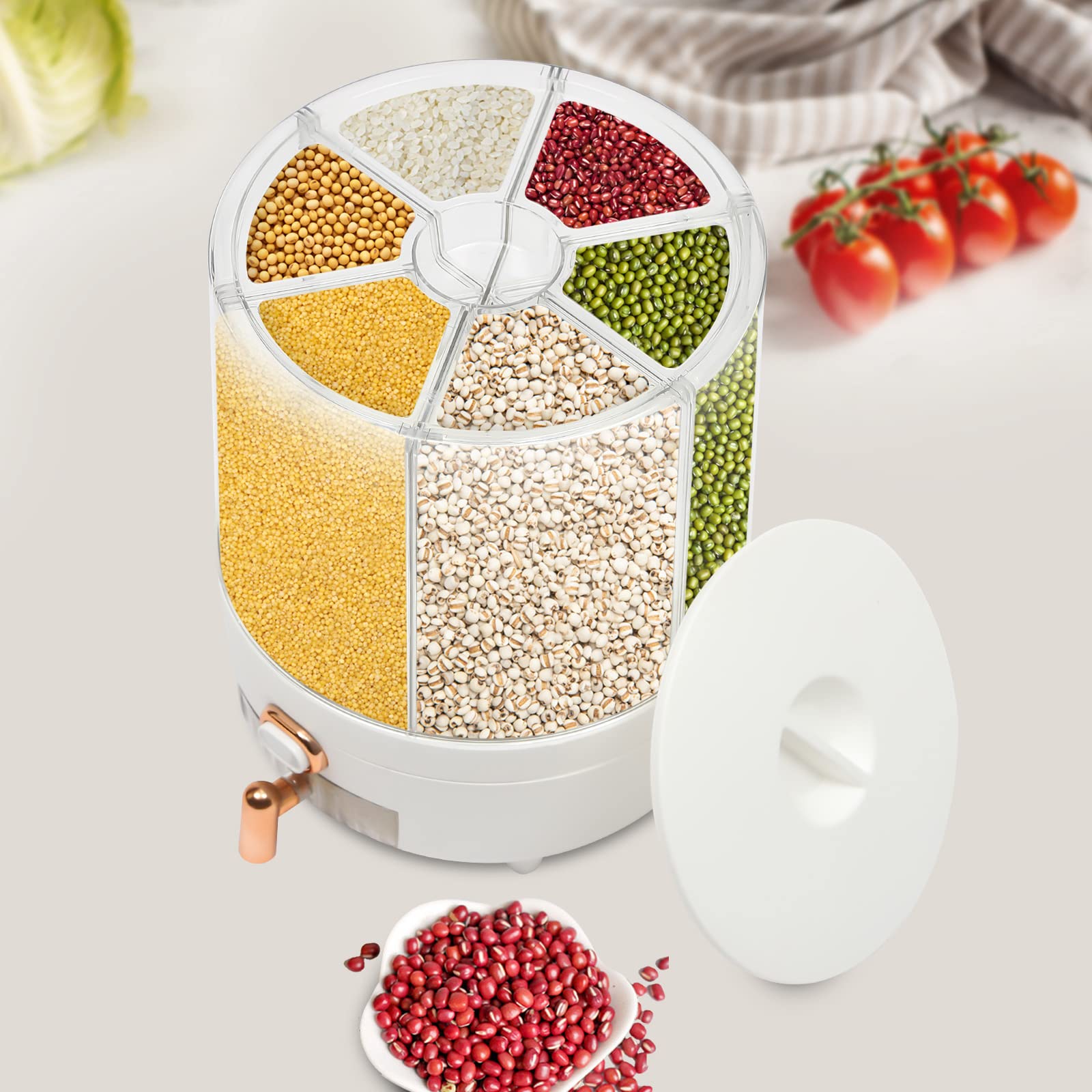 6 Compartment Rotating Dry Food Grain Storage Dispenser