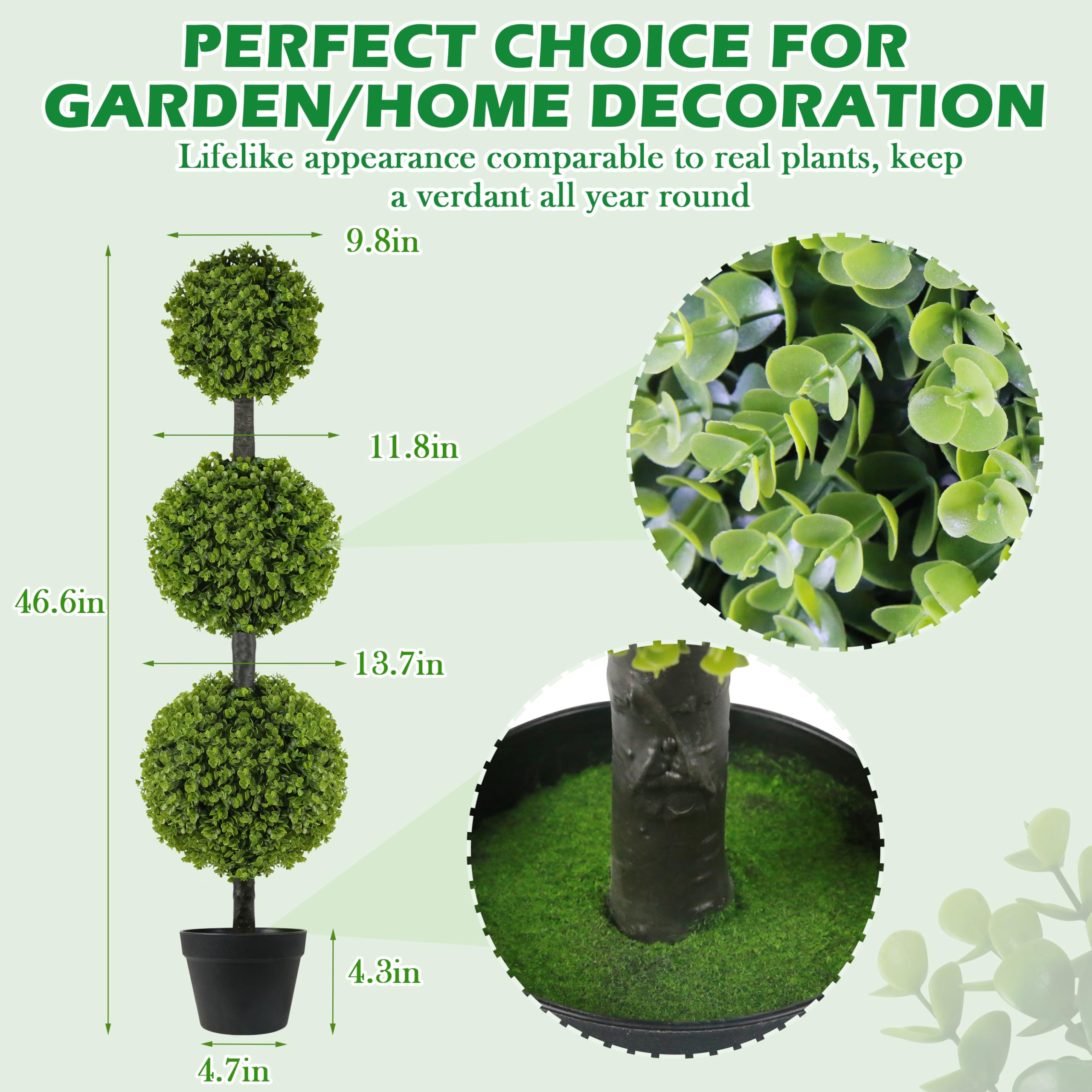 2 Pack 4FT Artificial Triple Ball Topiary Trees in Pot, Faux Shrubs for Front Door Porch Outdoor Decor