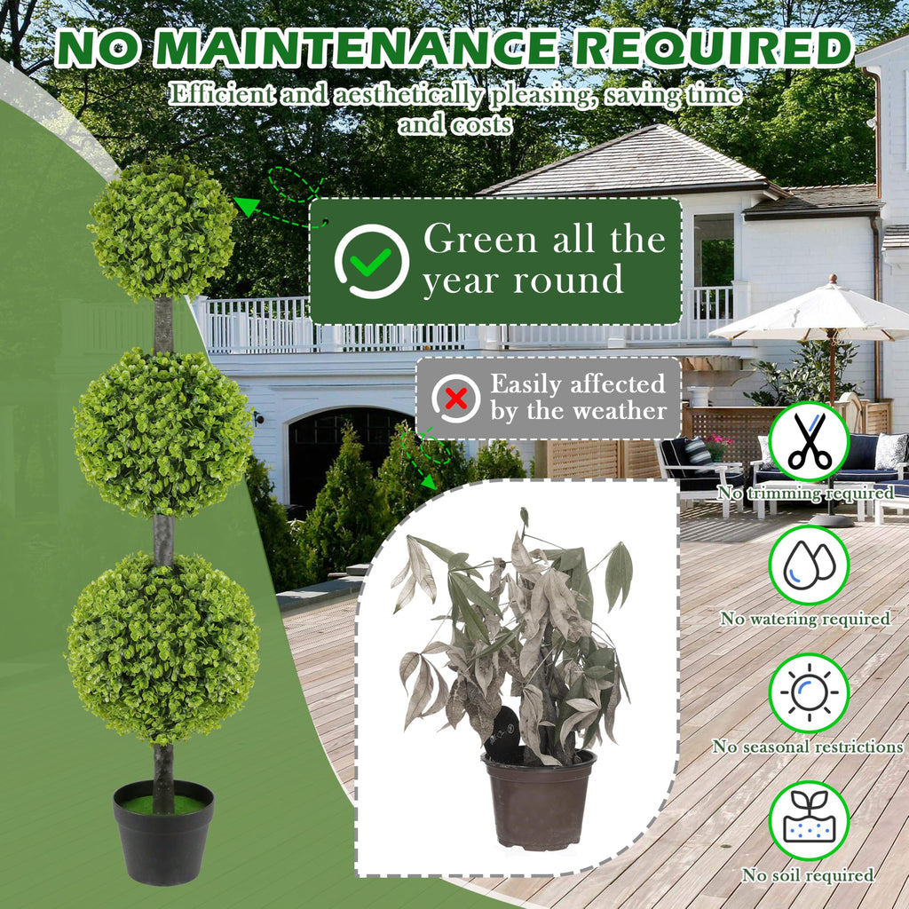 2 Pack 4FT Artificial Triple Ball Topiary Trees in Pot, Faux Shrubs for Front Door Porch Outdoor Decor