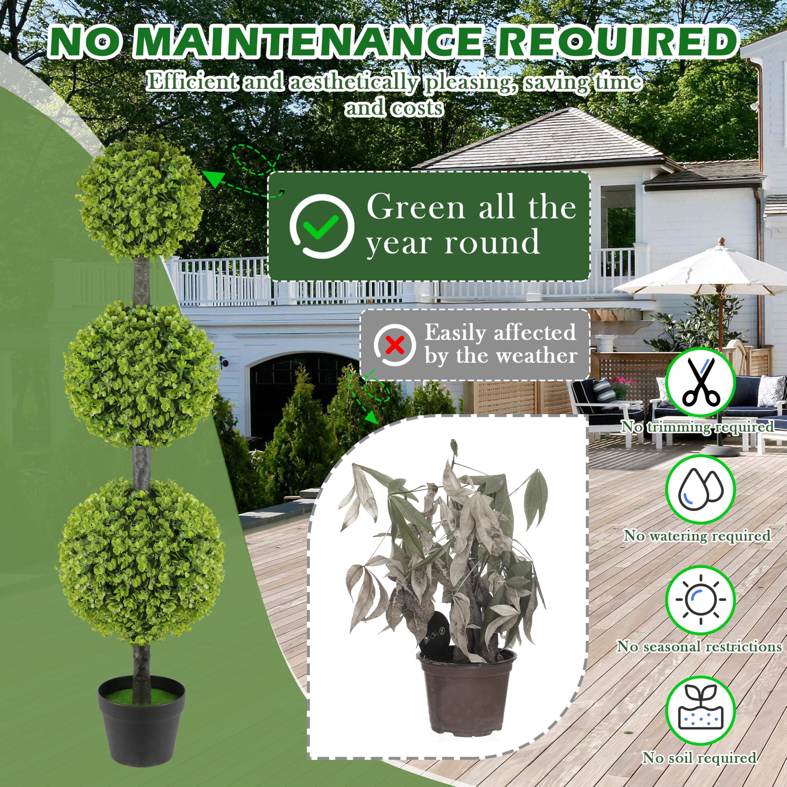 2 Pack 4FT Artificial Triple Ball Topiary Trees in Pot, Faux Shrubs for Front Door Porch Outdoor Decor