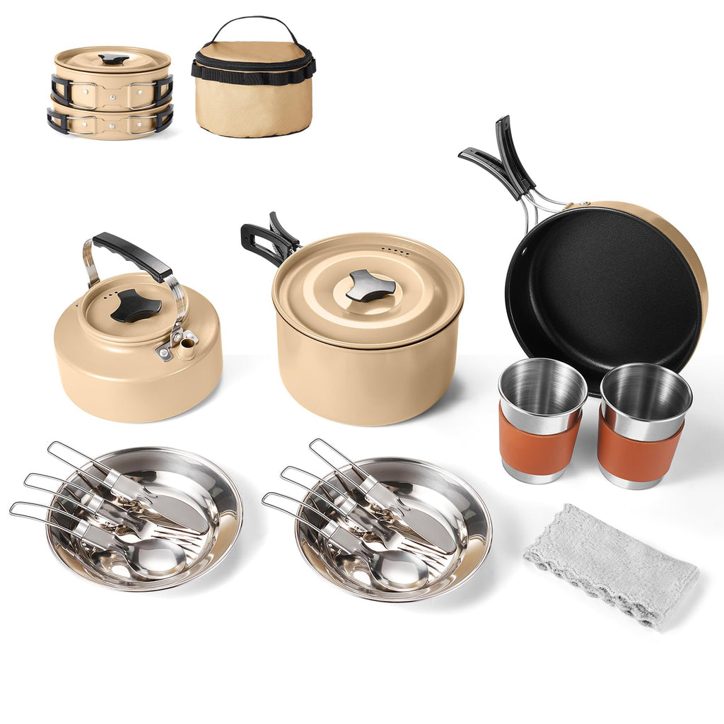 15 Piece Non-Stick Camping Cookware Set, Lightweight Outdoor Mess Kit with Full Stainless Steel Tableware
