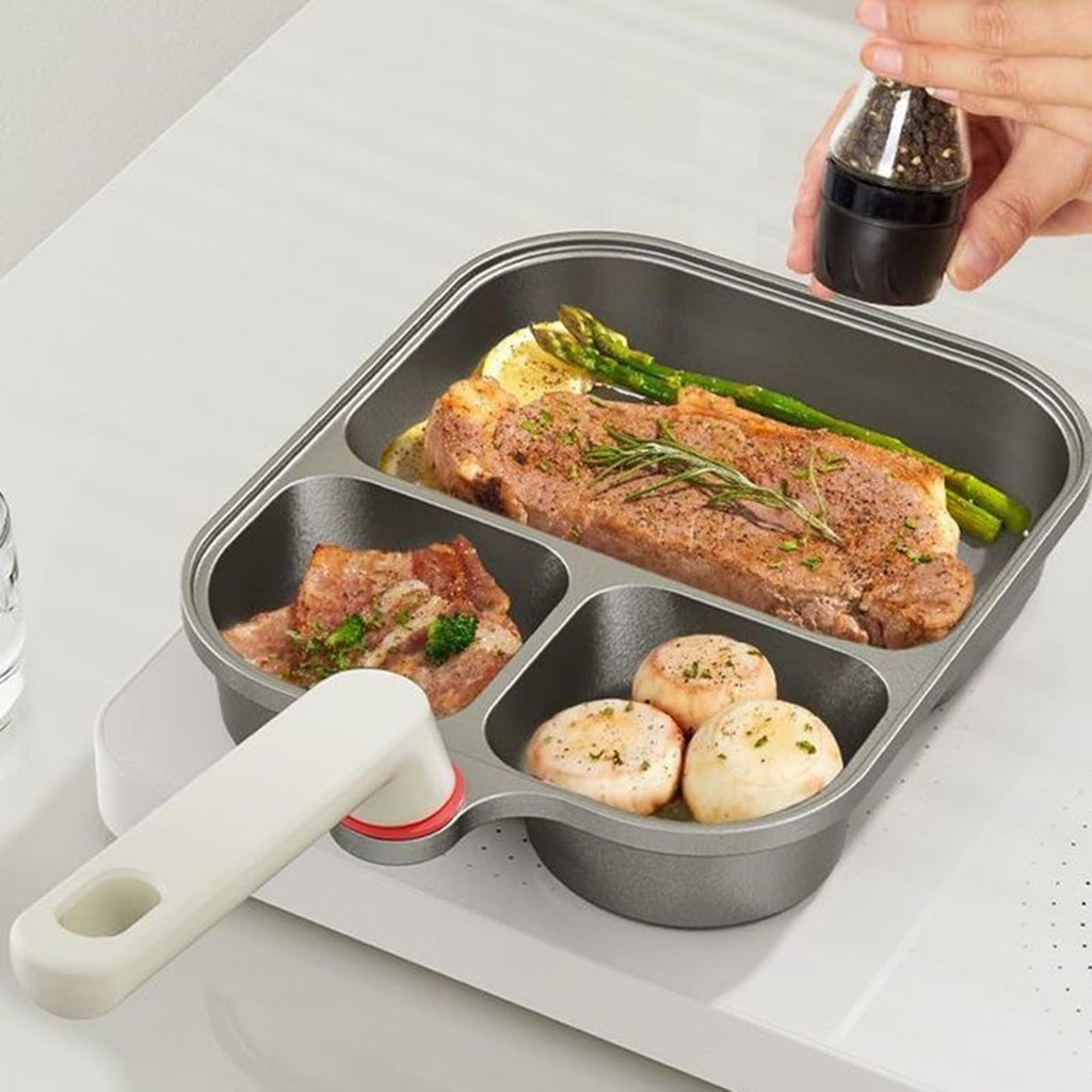 Titanium Nonstick Divided Breakfast Pan, 3-Compartment Egg & Steak Griddle with Lid and Spatula