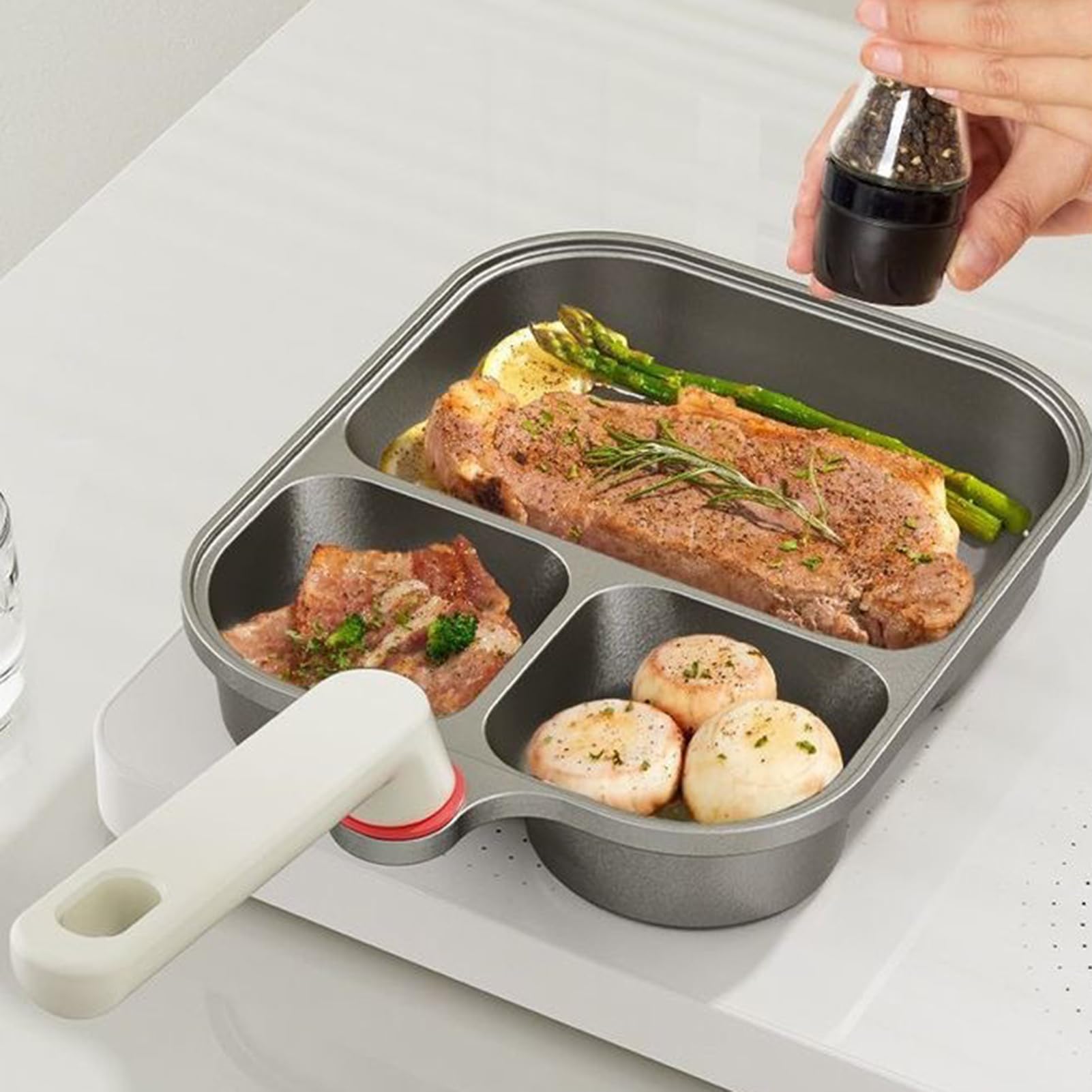 Titanium Nonstick Divided Breakfast Pan, 3-Compartment Egg & Steak Griddle with Lid and Spatula