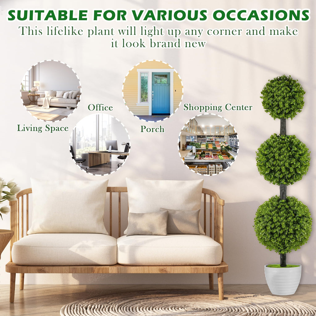 2 Pack 4FT Artificial Triple Ball Topiary Trees in Pot, Faux Shrubs for Front Door Porch Outdoor Decor