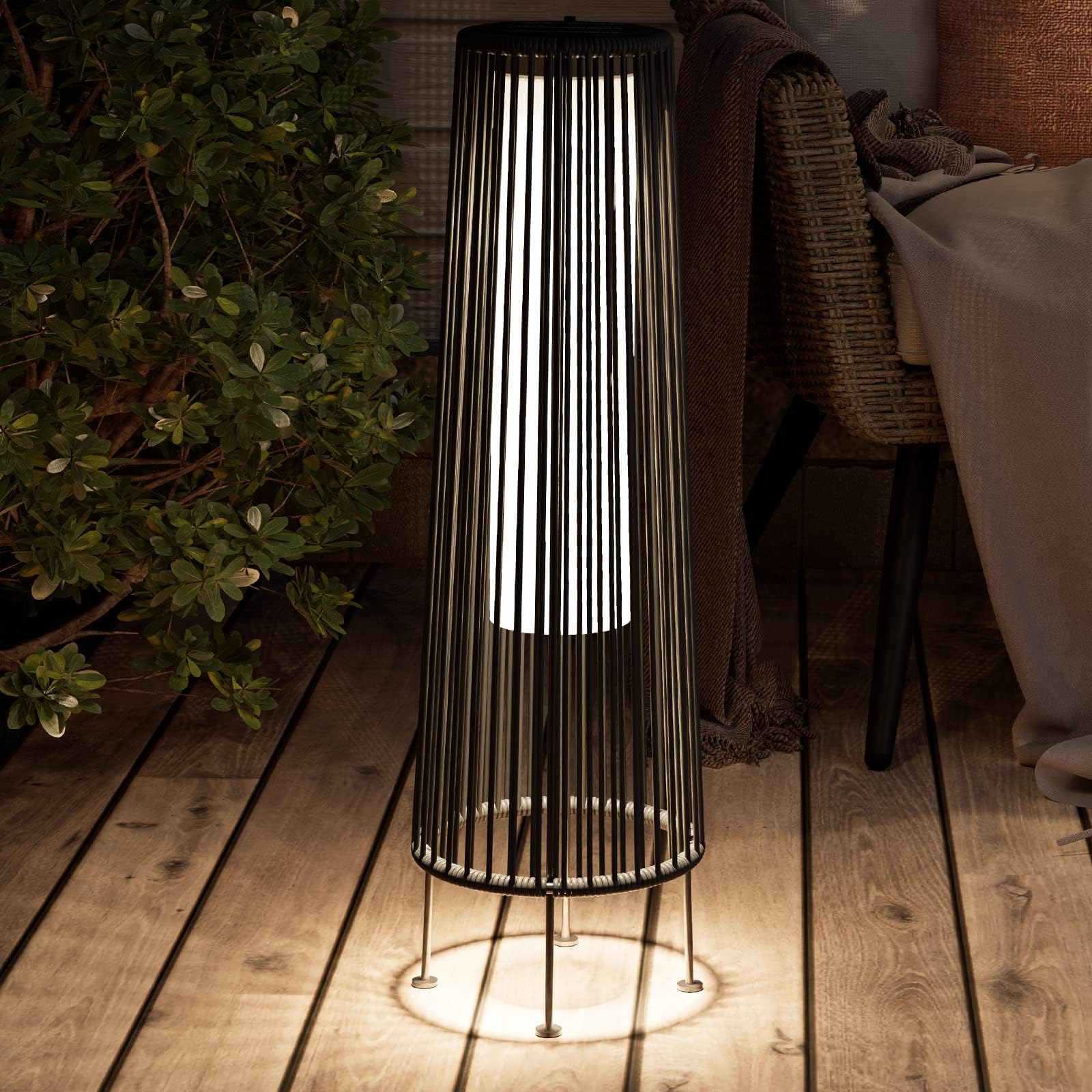Dark Brown Wicker Waterproof Solar Patio Floor Lights 2 Pack, Outdoor Garden Lawn Deck Decor Lamps