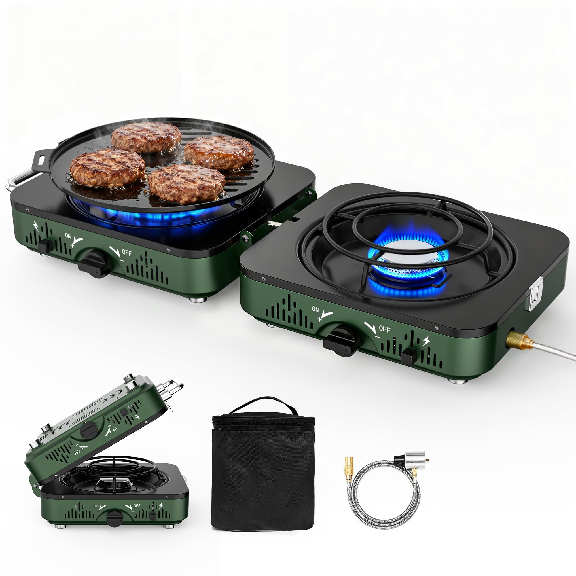 Portable 2-Burner Folding Propane Camping Stove Kit with Frying Pan & Storage Bag