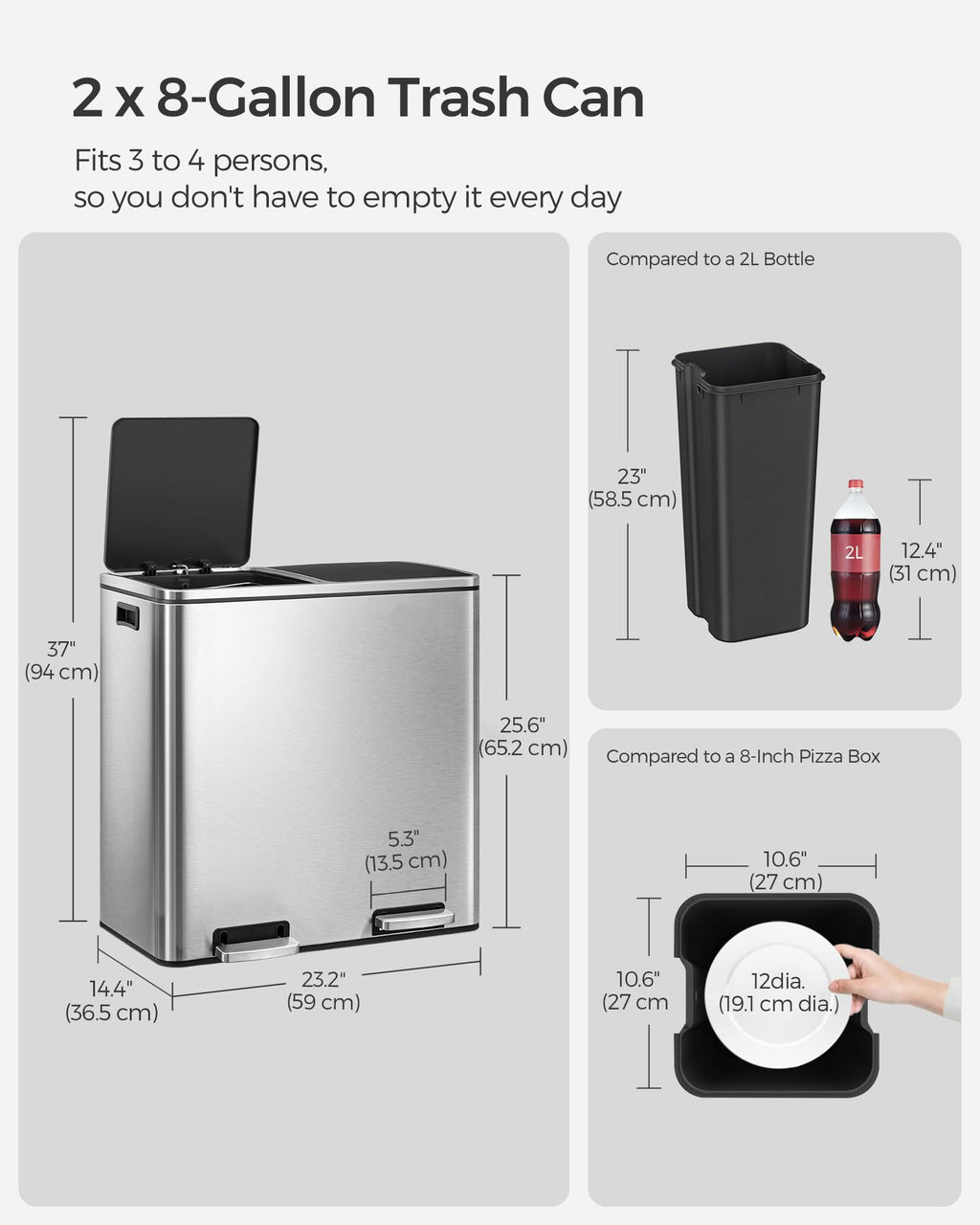 2x8 Gal (2x30L) Double Compartment Stainless Steel Recycling Trash Can with Soft Close Lids