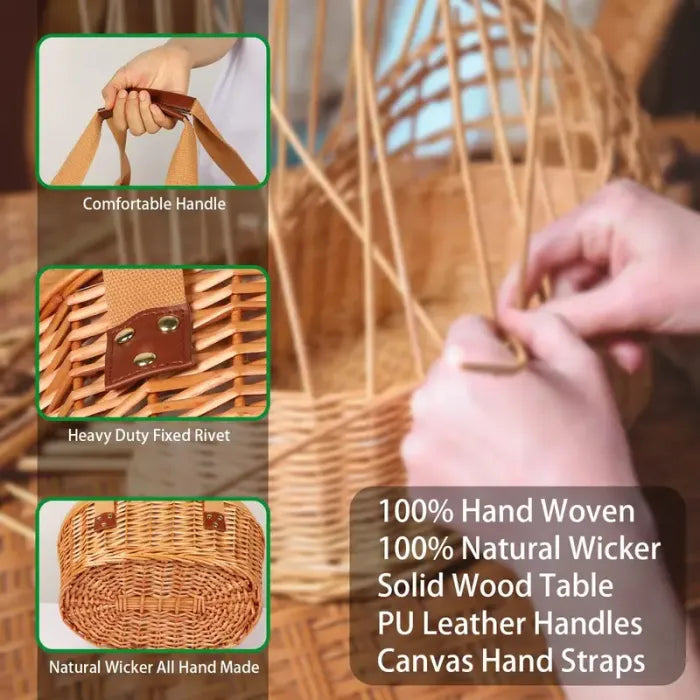 Wicker Picnic Basket with Insulated Cooler, Wine Table and Cutlery Set