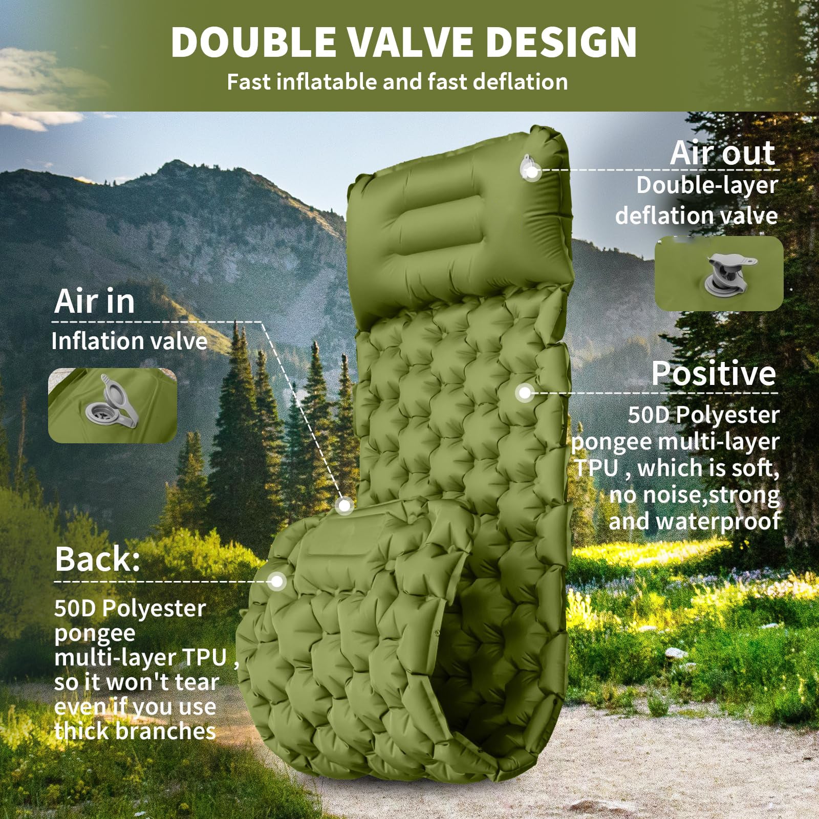 Compact Ultralight Camping Air Mattress, Inflatable Sleeping Mat with Foot Pump & Pillow for Outdoor Hiking Backpacking
