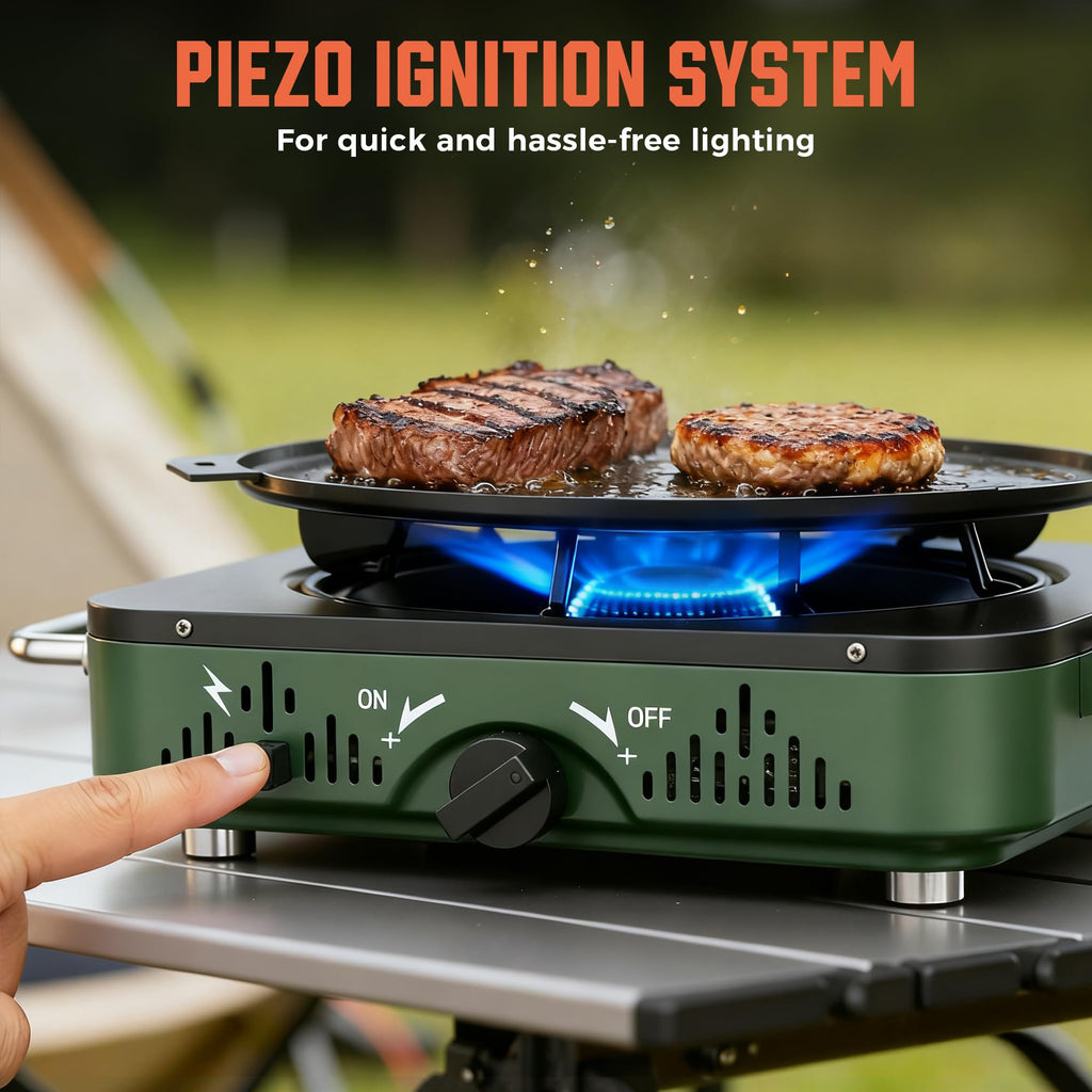 Portable 2-Burner Folding Propane Camping Stove Kit with Frying Pan & Storage Bag