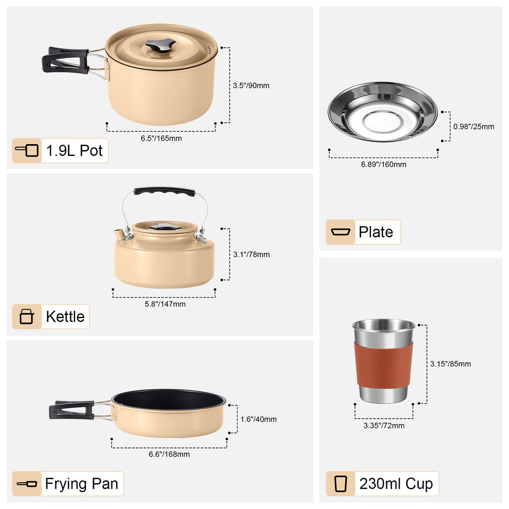 15 Piece Non-Stick Camping Cookware Set, Lightweight Outdoor Mess Kit with Full Stainless Steel Tableware