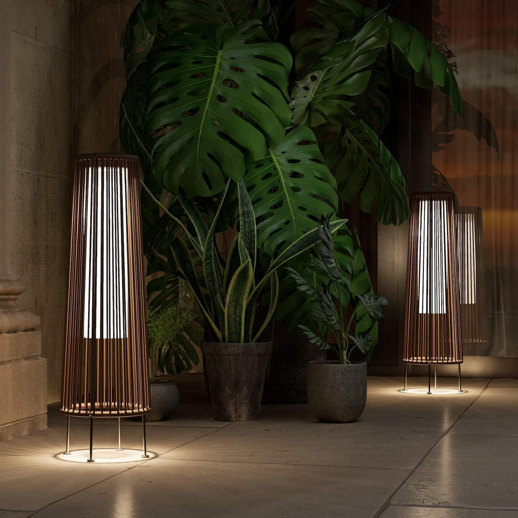 Dark Brown Wicker Waterproof Solar Patio Floor Lights 2 Pack, Outdoor Garden Lawn Deck Decor Lamps