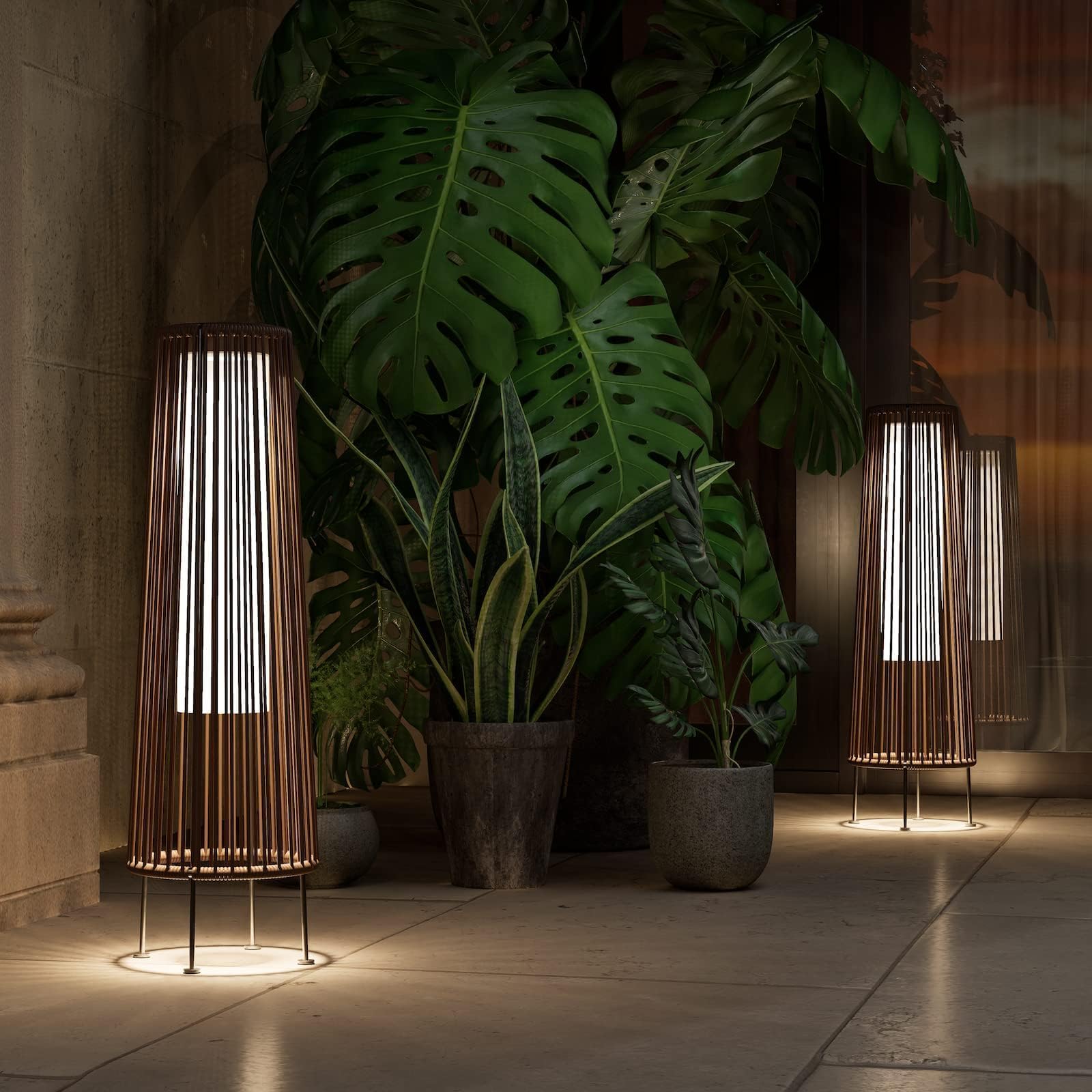 Dark Brown Wicker Waterproof Solar Patio Floor Lights 2 Pack, Outdoor Garden Lawn Deck Decor Lamps